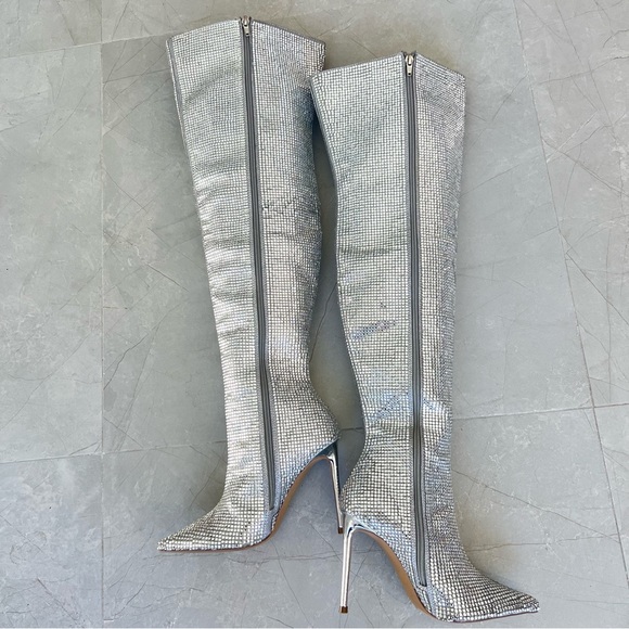 STEVE MADDEN Skyscraper Rhinestone Bling Silver Over The Knee Heels Boots Sz 6.5 - Picture 12 of 16